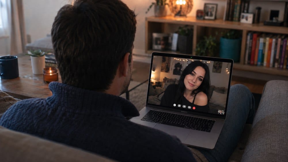 Man on a couch video chatting with a woman on his laptop